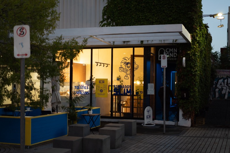 Cafe exterior at night